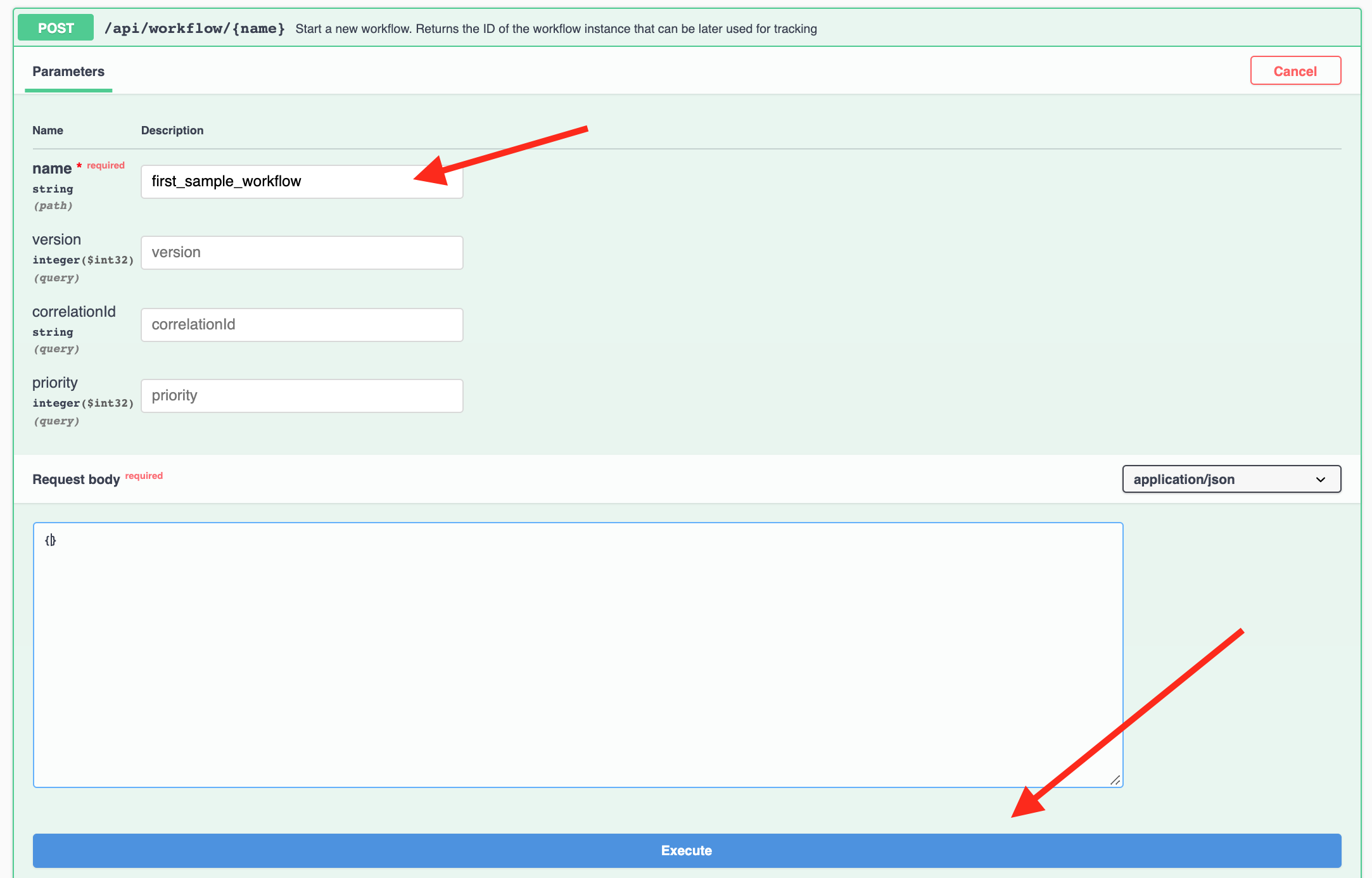 Swagger UI - Metadata - Workflow - Run